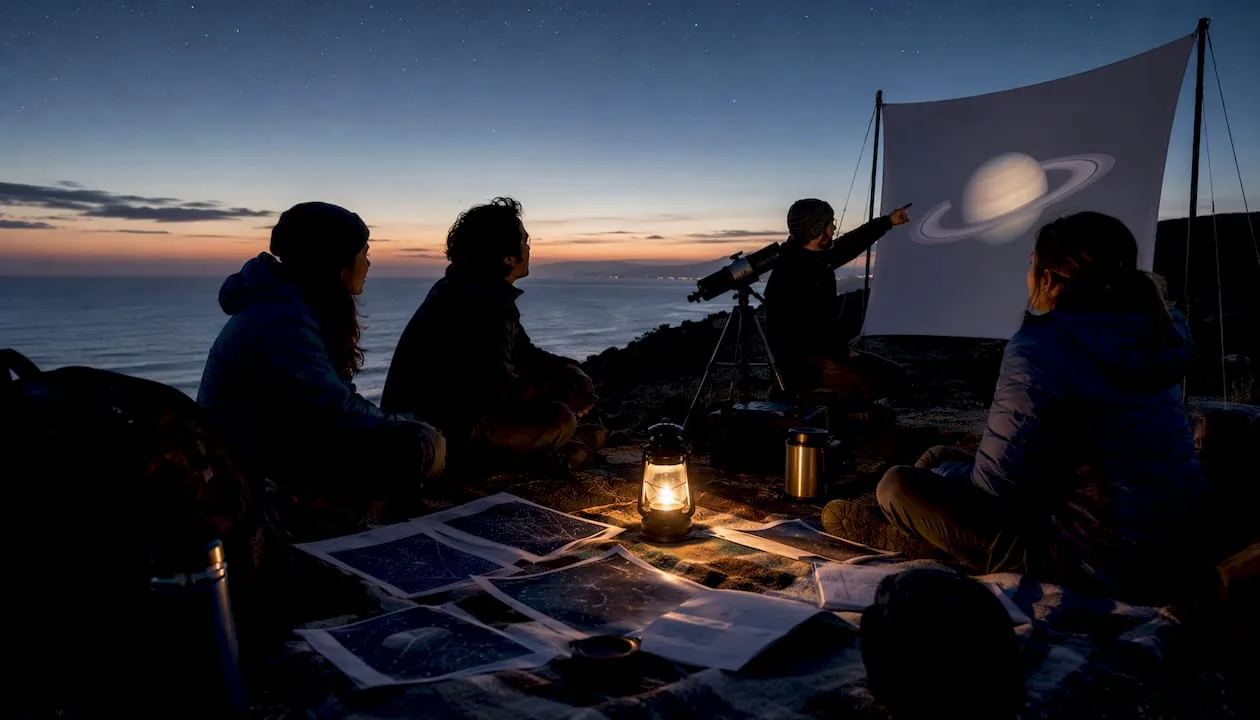 Grupa astronomów prowadzi obserwacje pierścieni Saturna pod gołym niebem.