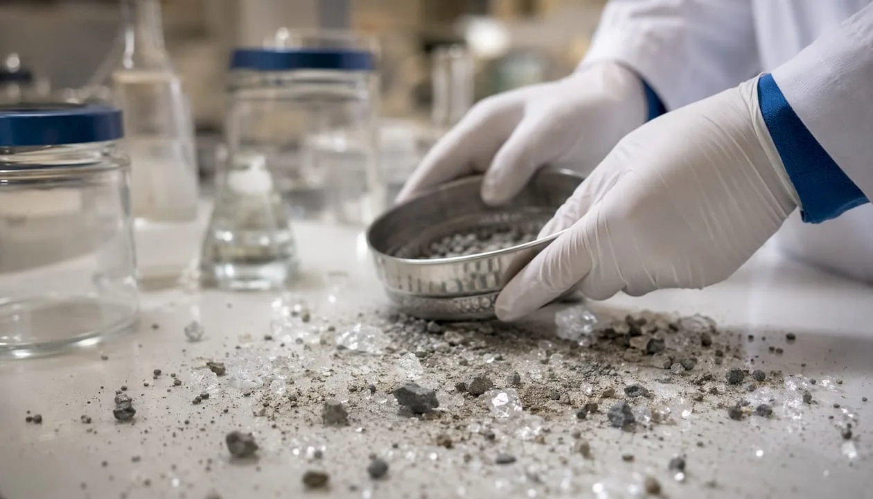 Zbliżenie na cząsteczki lodu i skał pod mikroskopem w warunkach laboratoryjnych.