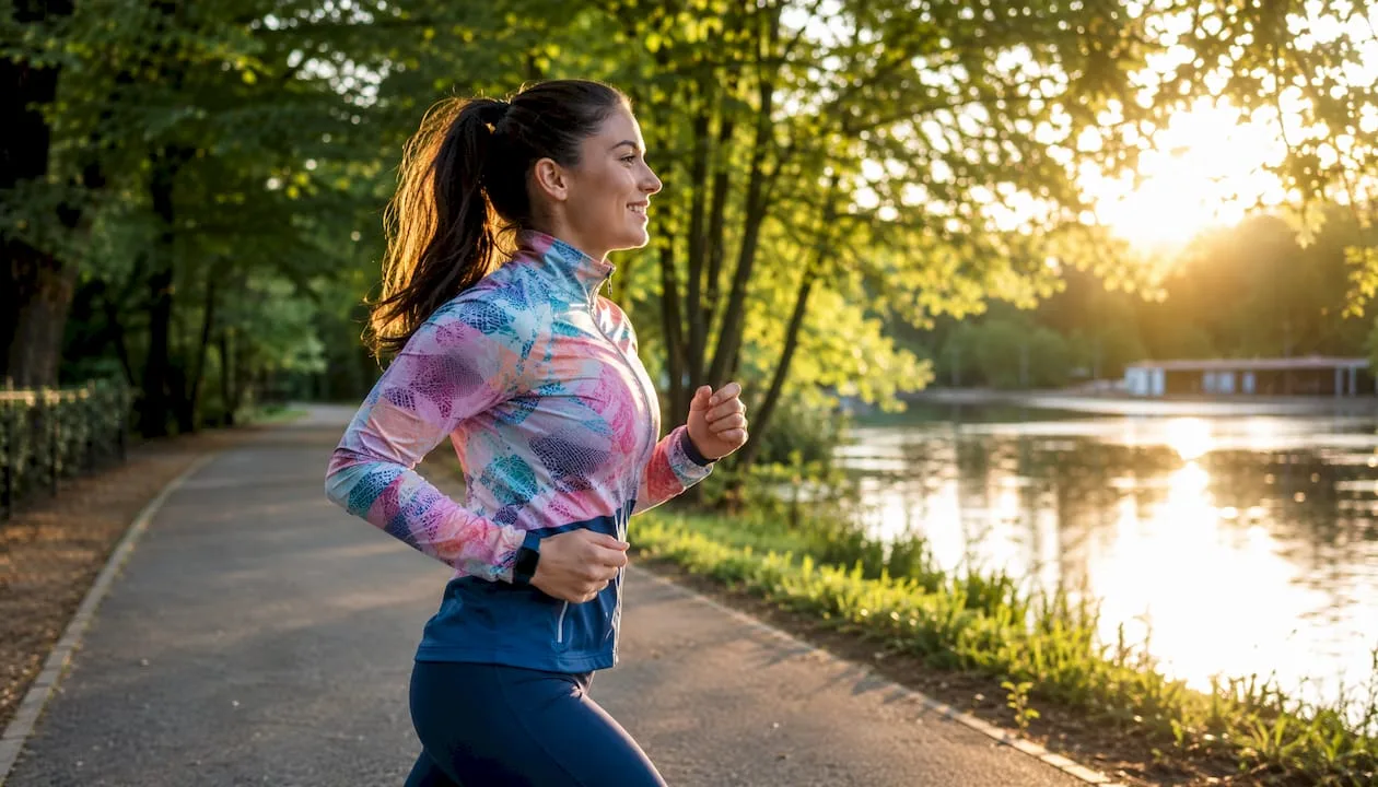 Poranny jogging kobiety wśród zieleni parku