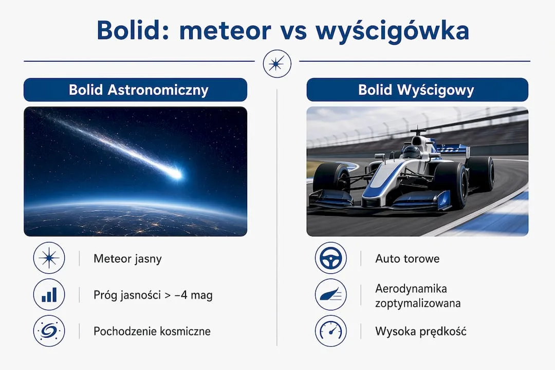 Grafika przedstawiająca zestawienie bolidu astronomicznego z samochodem wyścigowym
