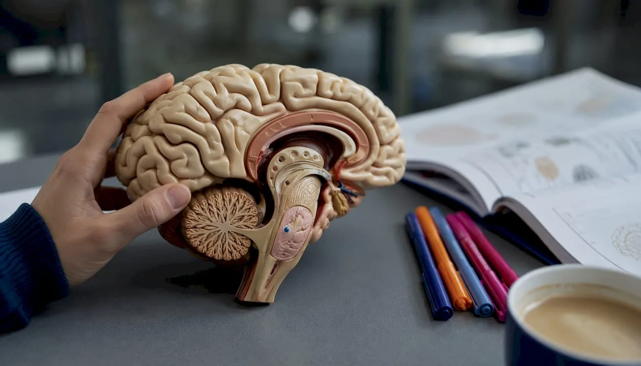 Zbliżenie na model anatomiczny pnia mózgu ustawiony na stole.