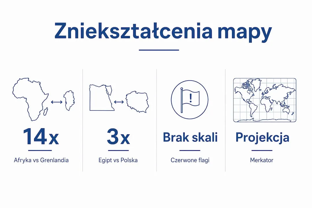 Grafika przedstawiająca najważniejsze przekłamania i deformacje na mapach świata