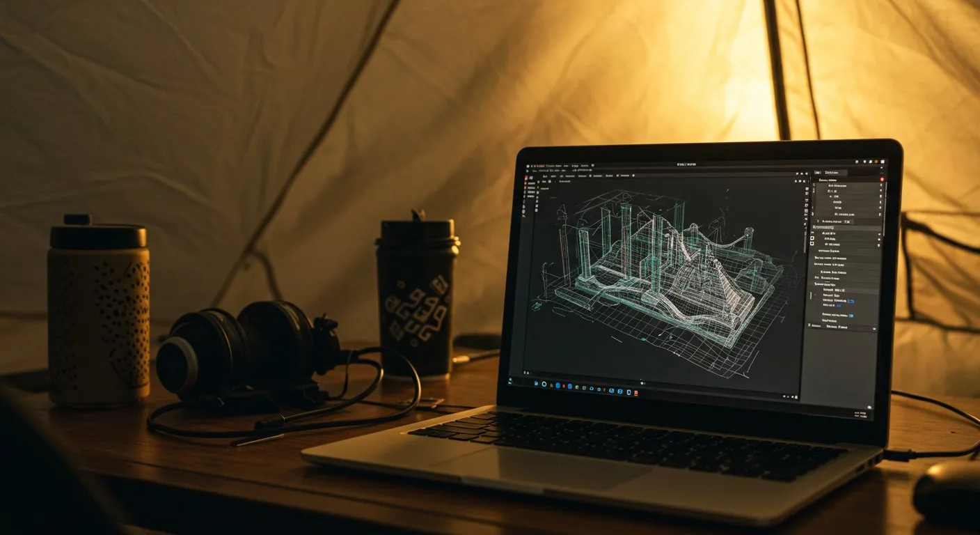 Na monitorze laptopa wewnątrz polowego obozowiska wyświetlają się precyzyjne trójwymiarowe modele struktur architektonicznych wykrytych przy użyciu algorytmów sztucznej inteligencji.