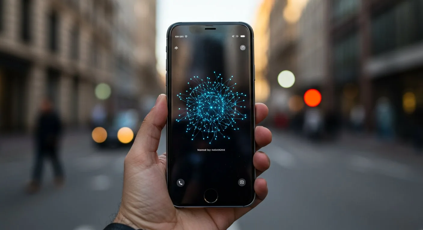 Dłoń trzymająca smartfon z wyświetlonym interfejsem sieci neuronowej na tle zamazanej ulicy tętniącego życiem miasta.