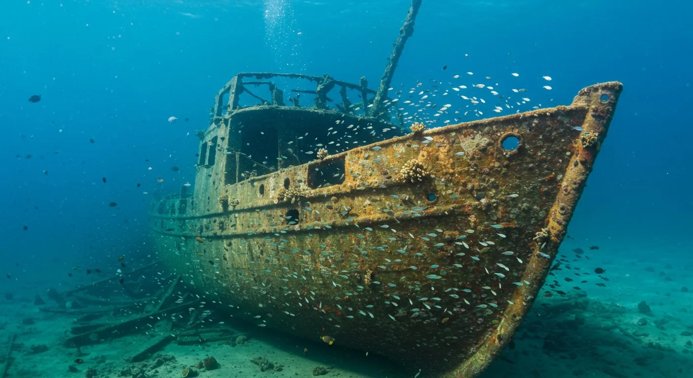Zardzewiały wrak statku porośnięty morskimi roślinami spoczywa na dnie oceanu w otoczeniu ławicy drobnych ryb.