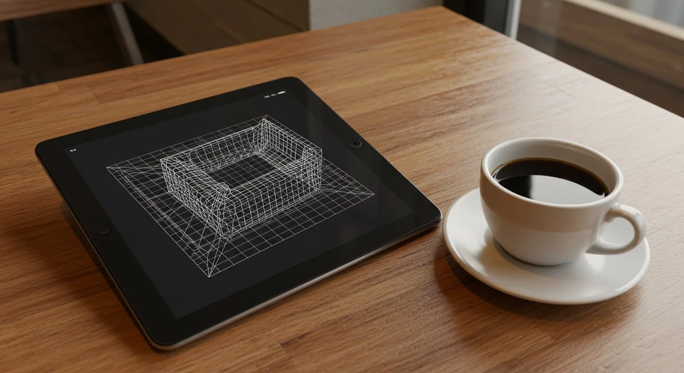 Na drewnianym stoliku w kawiarni leży tablet wyświetlający trójwymiarową siatkę geometryczną obok ceramicznego kubka z kawą.