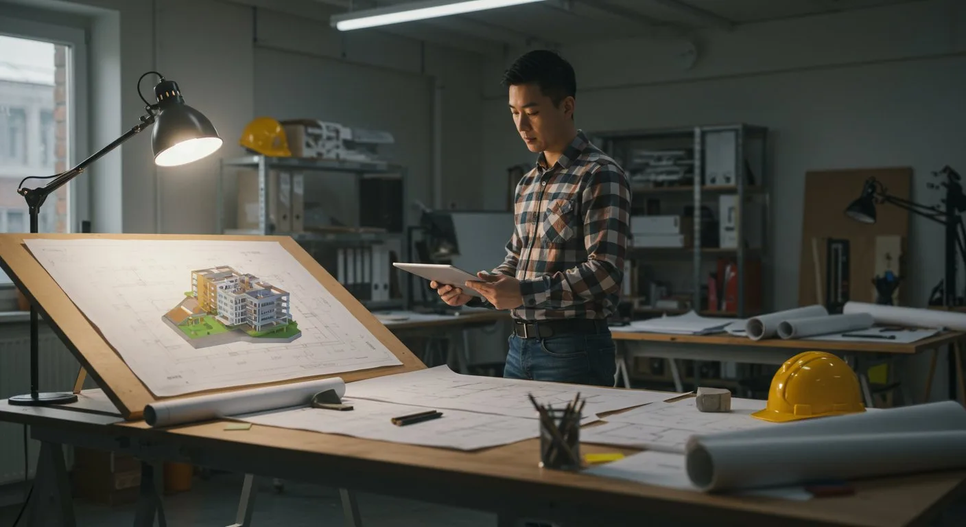 Architekt analizuje na tablecie trójwymiarowy model budynku, który został przygotowany w oparciu o wytyczne wprowadzone do systemu komputerowego.