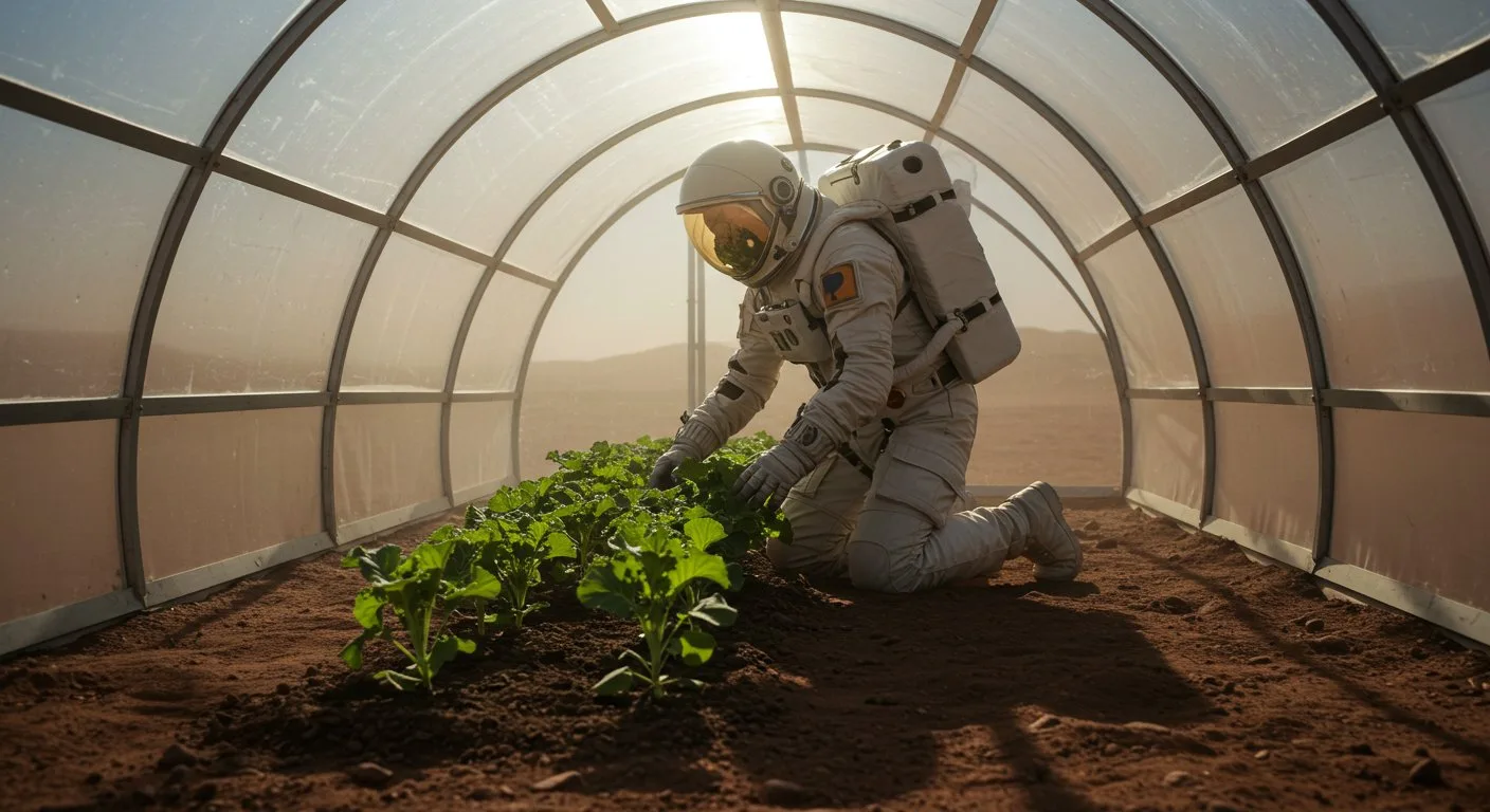 Astronauta klęczy wewnątrz przeszklonej kopuły, doglądając upraw roślin zielonych rosnących w specjalnie przygotowanym podłożu z marsjańskiego gruntu.