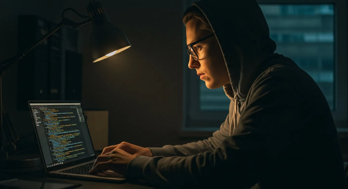 Młody badacz z uwagą analizuje ciągi kodu kryptograficznego wyświetlone na ekranie laptopa w zaciszu swojego gabinetu.