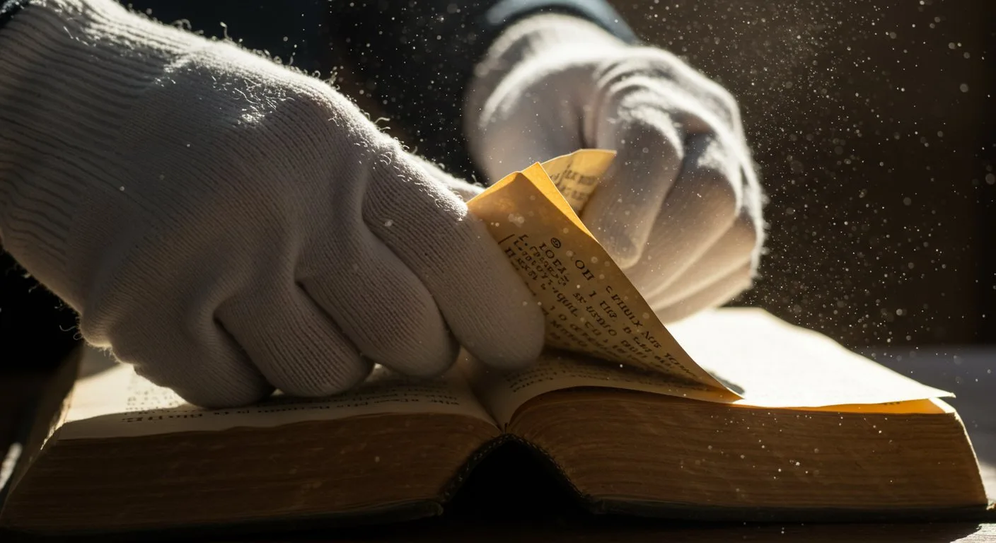 Dłonie w białych rękawiczkach delikatnie przekładają kruchą kartę średniowiecznej księgi, w której promienie światła podkreślają strukturę starego papieru.