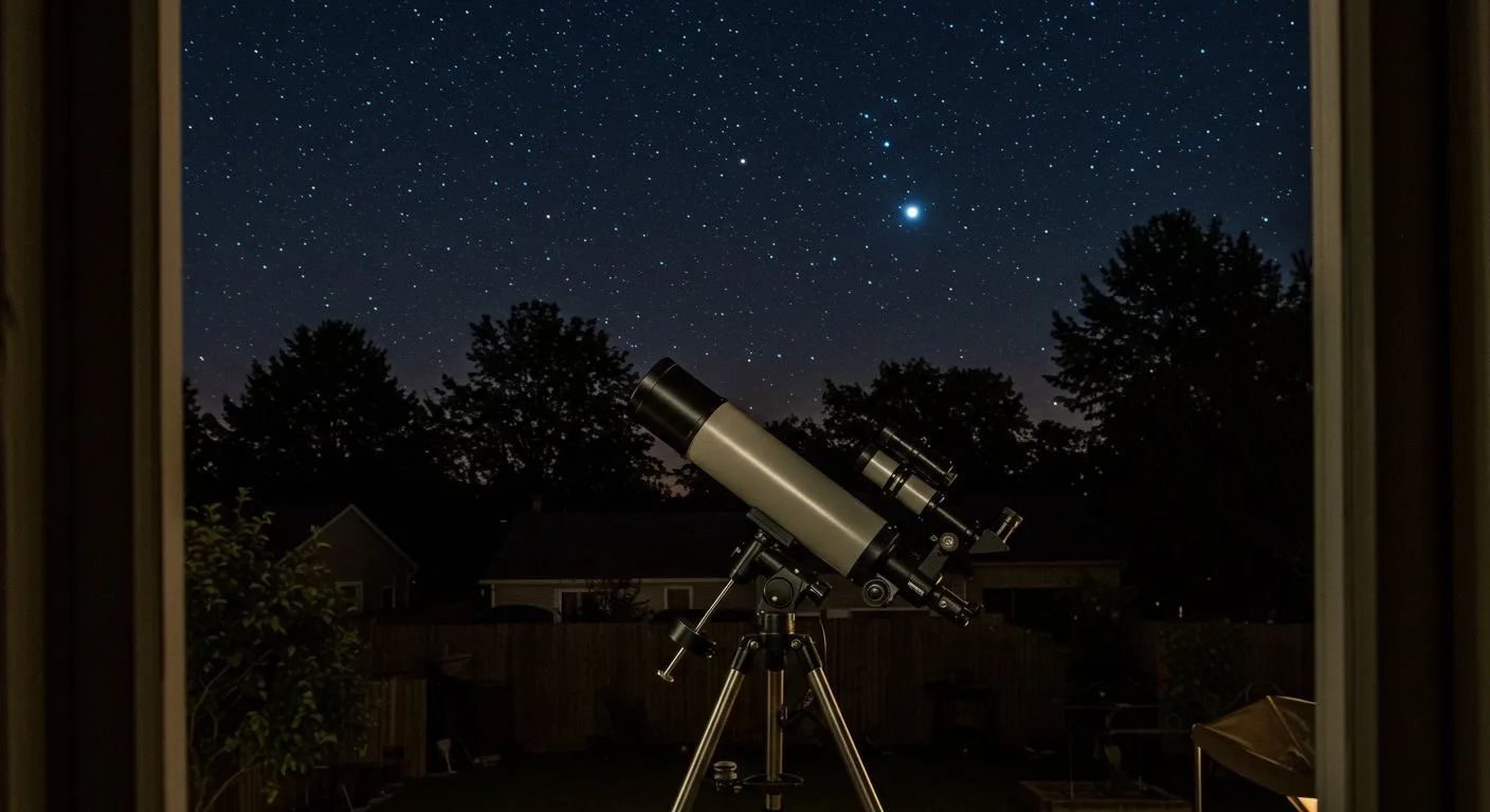 Teleskop astronomiczny skierowany jest w stronę bezchmurnego nocnego nieba pełnego gwiazd widocznego z przydomowego ogrodu.