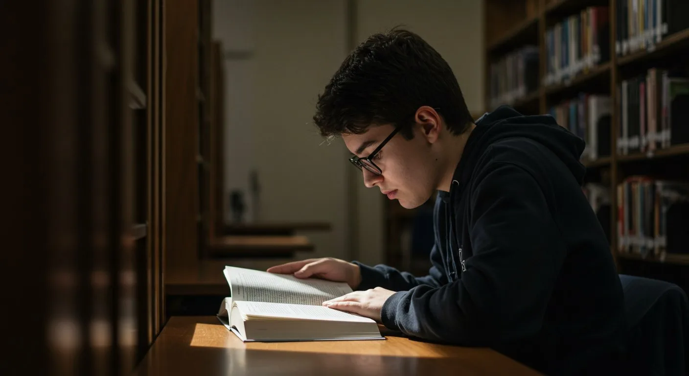 Student w skupieniu czyta podręcznik do fizyki teoretycznej przy oświetlonym lampką stanowisku w cichej bibliotece.
