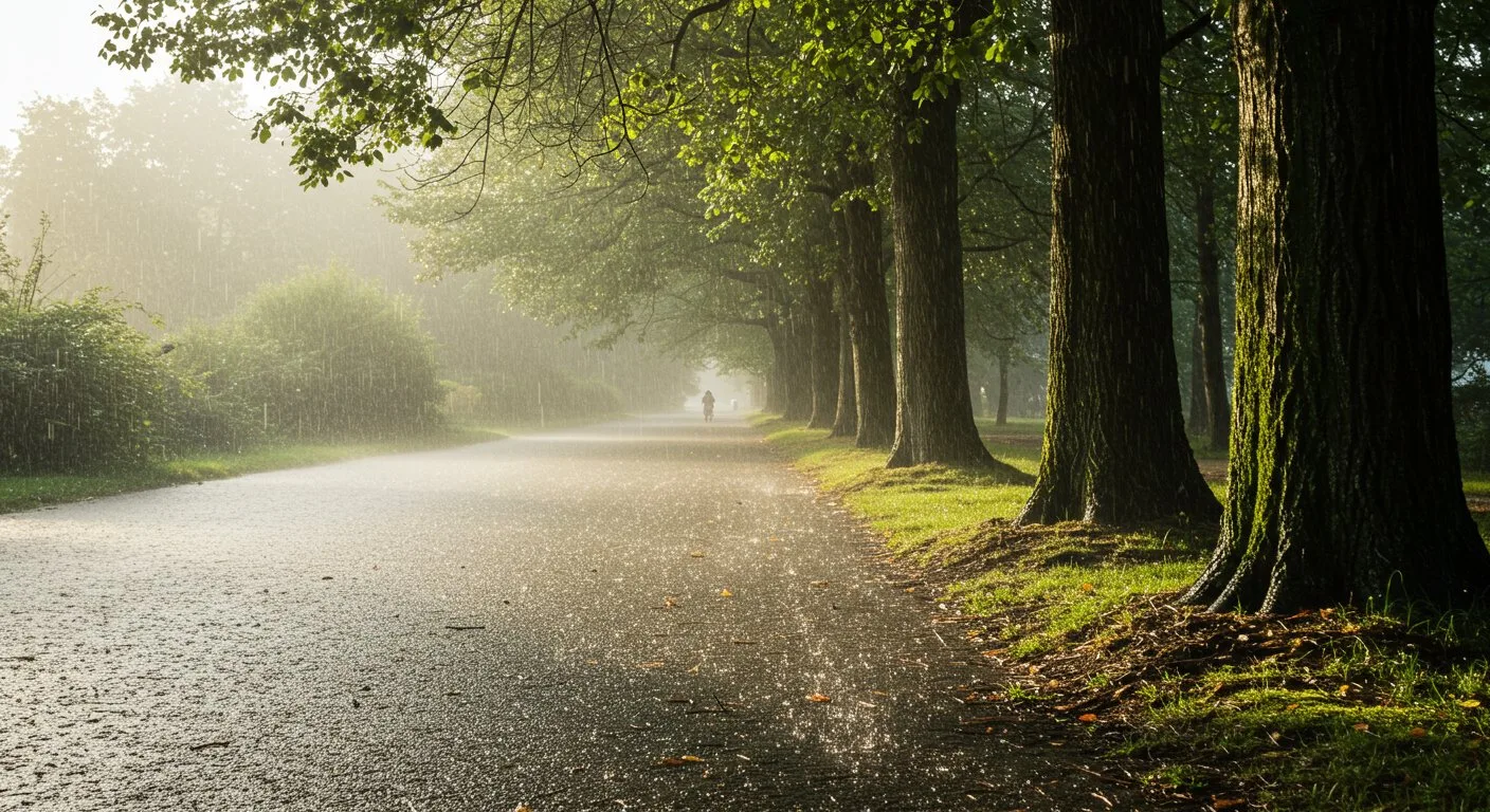 Krople deszczu opadają pod kątem prostym, tworząc wyraźną, pionową ścianę wody w środku całkowicie suchego lasu.