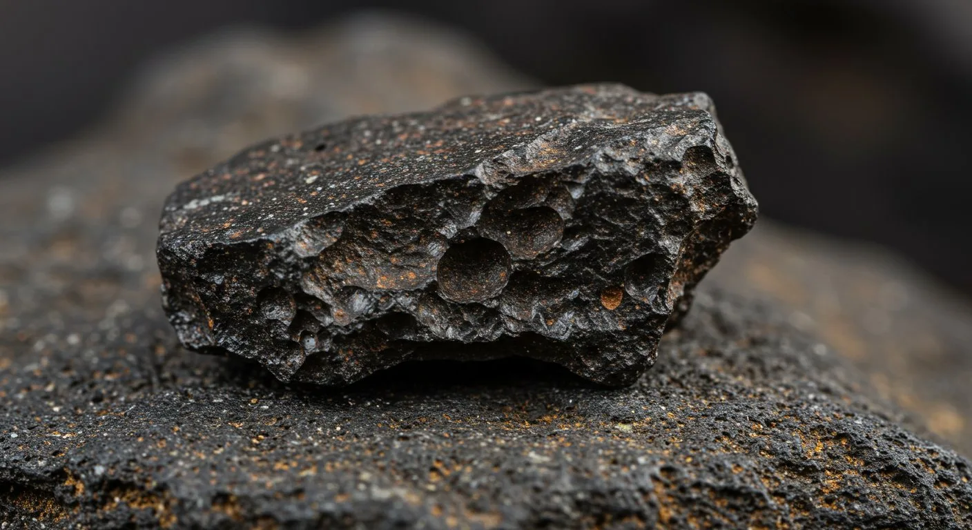 Poryty fragment meteorytu spoczywa na ostrej skale wulkanicznej, będąc namacalnym dowodem na pozaziemskie pochodzenie materii organicznej.