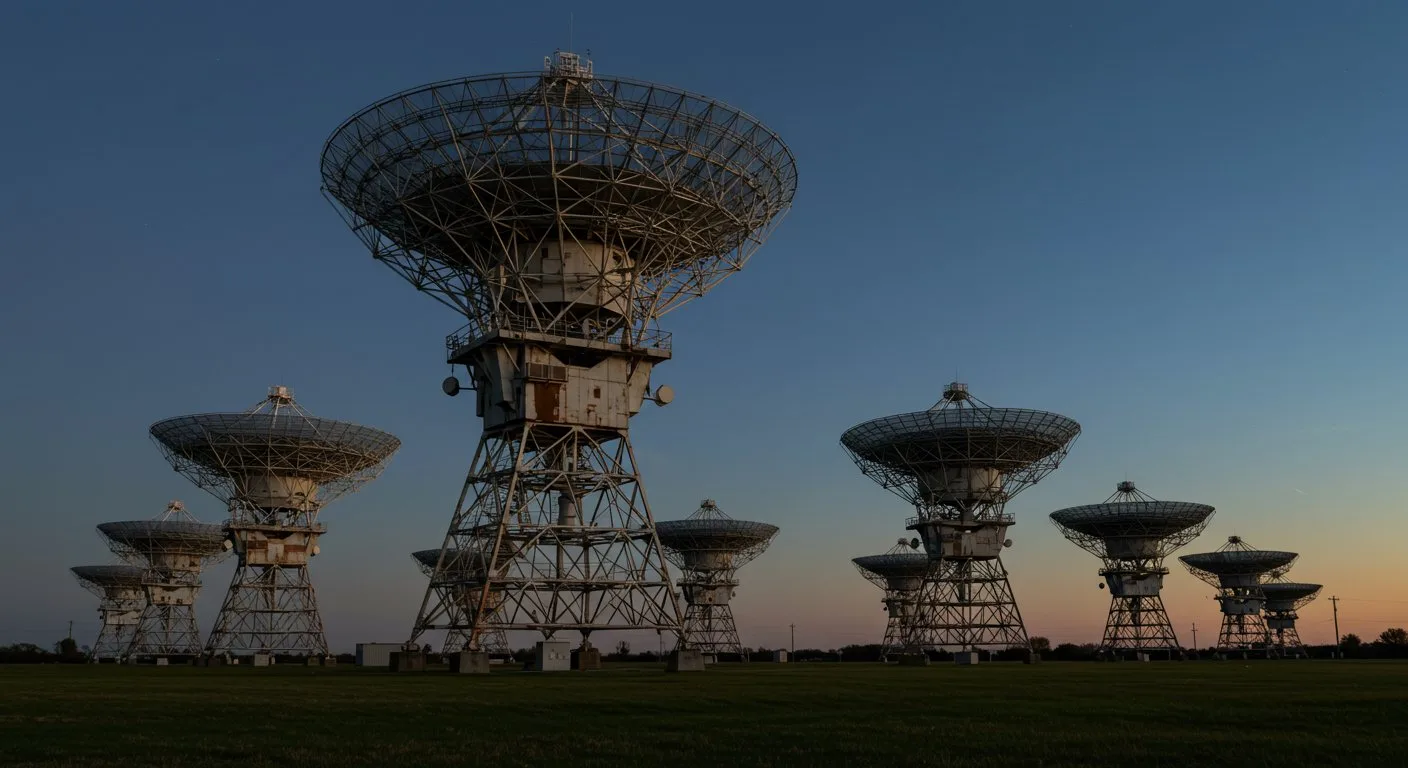 Radioteleskop Big Ear stoi na tle wieczornego nieba, a jego metalowe konstrukcje wyłaniają się z otaczającej go zieleni.