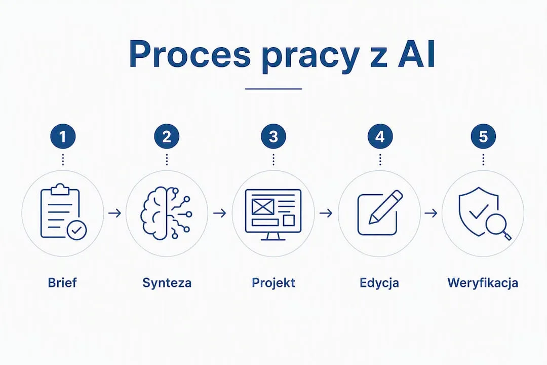 Infografika pokazująca kolejne kroki pracy z inteligencją sztuczną