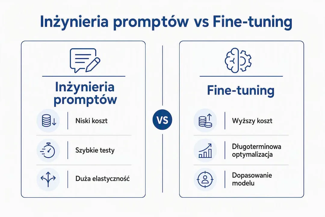 Porównawcza infografika pokazująca różnice między inżynierią promptów a fine-tuningiem